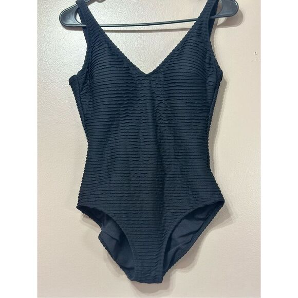 Gottex Blue Ribbed Black Built In Bra One Piece Swimsuit Women's Size 10 - Picture 2 of 11